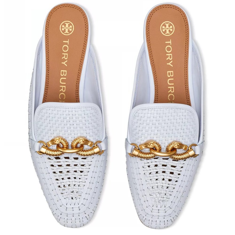 Tory Burch $348 Jessa Woven Backless Loafer Icy Blue Crisp 6 10